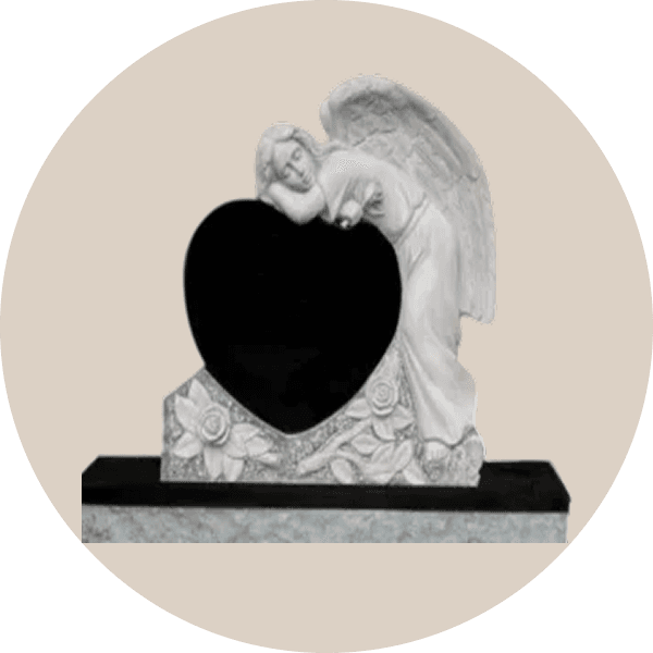 Black Granite Sculpted Angel Wing Embracing Heart Headstone