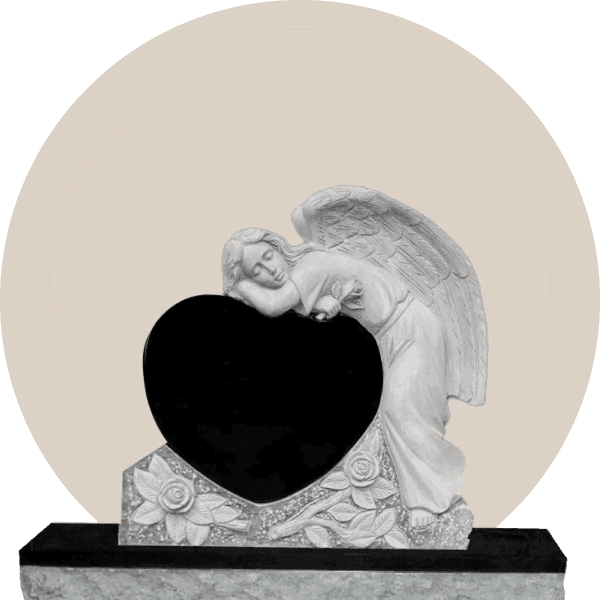 Black Granite Sculpted Angel Wing Embracing Heart Headstone
