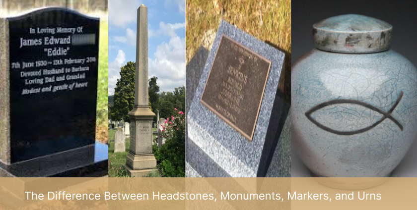 difference between headstones monuments markers and urns